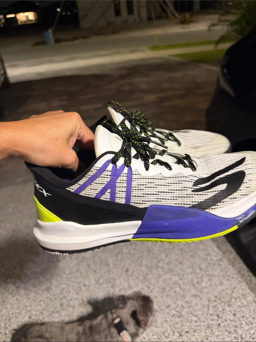 Men's Athletic Running Shoes - White with Purple & Neon Yellow
